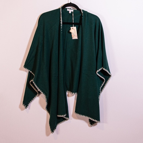 NEW Johnny Was Gwen Wool Cashmere Knit Whipstitch Shawl Wrap Sweater Green OS - Picture 1 of 4